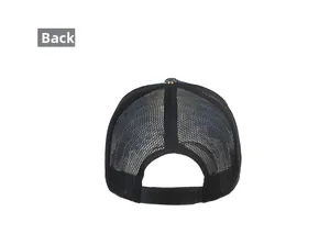 Detail of black trucker hat showing breathable mesh back and adjustable snapback closure