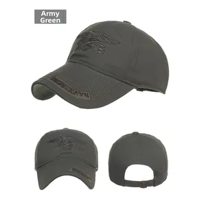 Detail view of military green Navy Seals tactical baseball cap with trident embroidery