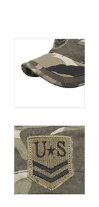 Detailed macro view of camo flat top army cap with U S embroidered military patch