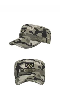 Detail view of camouflage flat top cadet hat with U.S. Air Force embroidery details