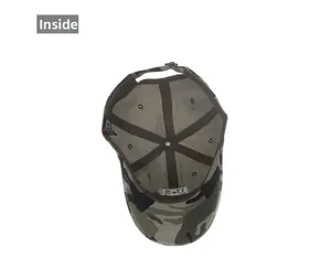 Detail view of camouflage baseball cap interior with cotton lining and adjustable metal buckle