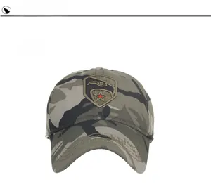 Front view of tactical camouflage baseball cap with eagle shield and red star embroidery