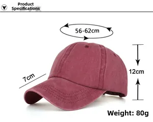 Close-up of burgundy washed cotton baseball cap with ponytail hole and vintage texture