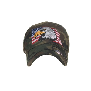 Camouflage baseball cap featuring an eagle and USA flag embroidery on a cotton crown