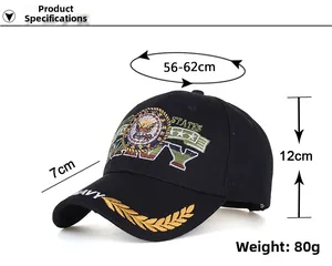 Detailed technical diagram of the black navy eagle baseball cap showing size specifications