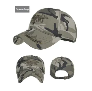 Detail view of Navy Seals woodland camouflage baseball cap with embroidered eagle logo