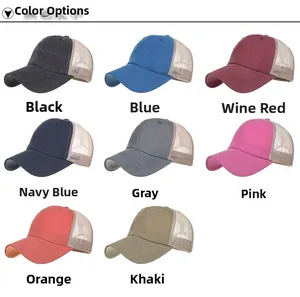 Detailed color selection showing 8 washed cotton mesh back trucker hats in various shades