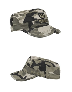 Detail of army flat top cap with jungle camouflage pattern and Air Force embroidery