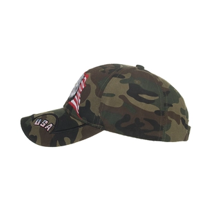 Camo baseball cap featuring eagle and USA flag embroidery in a tactical forest design