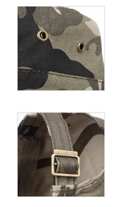 Detail view of camouflage army hat showing metal eyelets and adjustable back strap