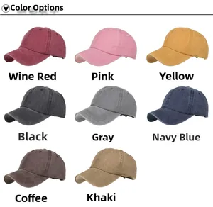 Detailed grid of 8 colors of washed cotton baseball caps including burgundy and navy blue