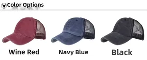 Three colors of washed cotton mesh trucker hats in wine red, navy blue, and black colors