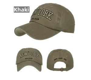 Detailed view of Khaki washed cotton baseball cap with New York embroidery details