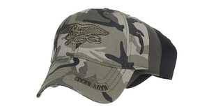 Detailed close-up of Navy SEAL embroidery and camouflage pattern on baseball cap