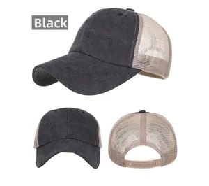 Detailed views of a washed cotton mesh baseball cap with vintage finish and snapback closure