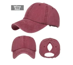 Three-angle view of wine red washed cotton ponytail baseball cap with metal buckle