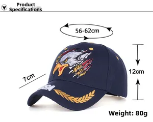 Detail of navy baseball cap with eagle embroidery and gold wheat leaf on the brim