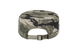 Detail of adjustable metal buckle on camouflage military flat top cap back strap