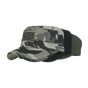 Flat top cadet caps in camo, black and green with American flag patches and metal eyelets