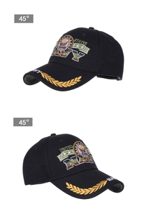 Detail view of the intricate Navy embroidery and gold oak leaf patterns on black cap