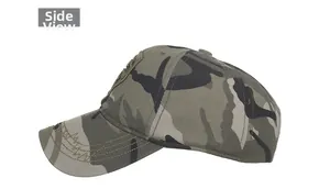 Side view of a jungle camouflage baseball cap with embroidered star and canvas texture