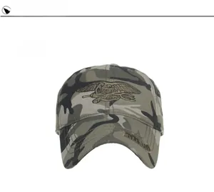 Detailed front view showing Navy SEALs eagle trident embroidery on camo tactical cap