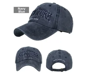 Detail showing vintage navy blue cotton baseball cap with New York 1625 embroidery