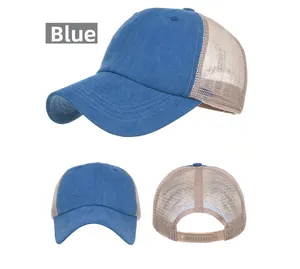 Detailed views of the blue washed cotton trucker hat with beige mesh and snapback closure