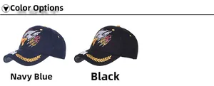 Detail of embroidered baseball caps in navy blue and black with golden laurel leaves