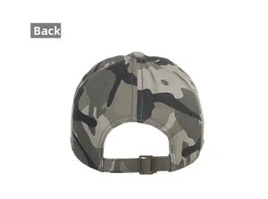 Rear view of camouflage baseball cap with metal adjustable buckle and canvas fabric