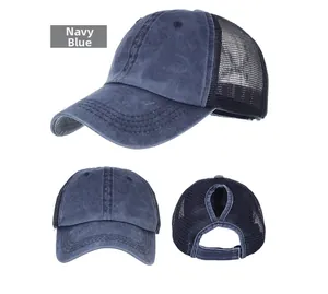 Detail of navy blue washed cotton baseball cap with ponytail hole and breathable mesh back