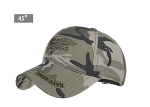Detail view of camouflage baseball cap with Navy Seal trident and brim embroidery