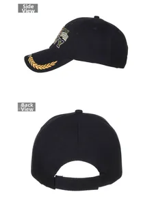 Detail of embroidered American eagle and NY logos on black adjustable baseball cap