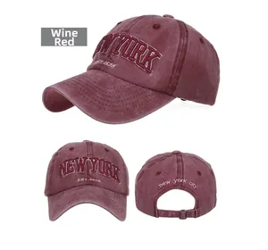 Detail of wine red washed cotton baseball cap with New York 1625 3D embroidery