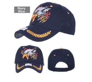 Detailed views of navy blue baseball cap with eagle, USA embroidery and laurel brim