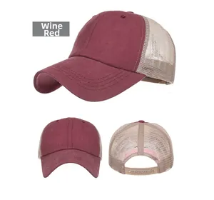 Detail view of wine red washed cotton mesh baseball cap with adjustable snap closure
