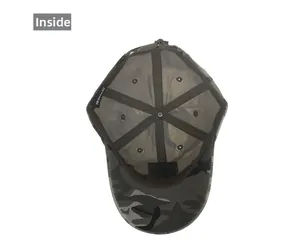 Detailed inside view of camouflage baseball cap showing six-panel stitch and inner label