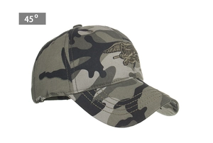 Detail view showing military style trident embroidery on grey camo baseball cap
