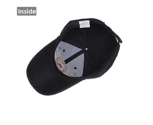 Inside view of black eagle baseball cap showing 100% acrylic fabric and inner stitching