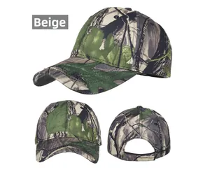 Three views of beige woodland camouflage outdoor baseball cap with adjustable strap