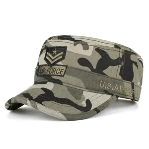 Men's Military Cadet Hat Flat Top Cap Cotton Washed Outdoor Sunshade Camouflage Baseball Cap Army Force Embroidery Adjustable Hat