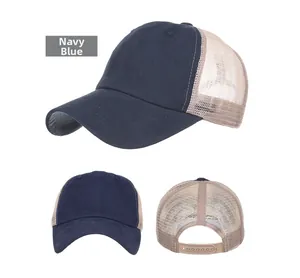 Navy blue and white mesh back baseball trucker cap shown in three different angles