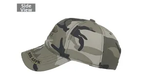 Side view of a jungle camouflage tactical baseball cap with Navy Seal embroidery