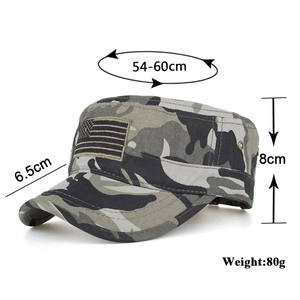 Camo flat top army cadet hat with American flag patch and adjustable size buckle