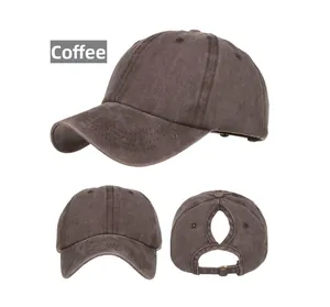 Close-up of coffee-colored washed cotton baseball cap with ponytail hole and metal buckle