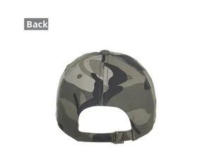 Back view of camouflage baseball cap with adjustable bronze metal buckle strap
