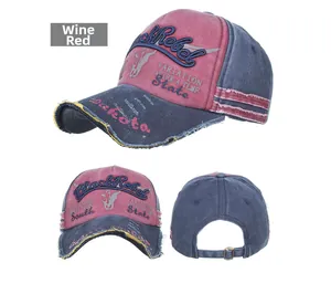 Detailed views of vintage washed baseball cap with contrast panels and embroidery