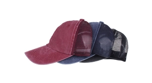 Three washed cotton mesh baseball caps in burgundy, navy blue, and black colors