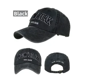 Close-up of black washed cotton baseball cap featuring high-quality New York 1625 embroidery