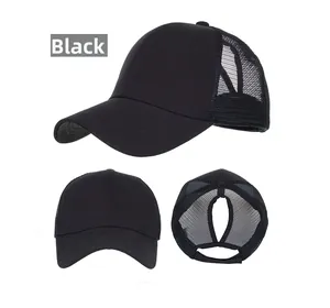 Three-angle view of black ponytail baseball cap with breathable mesh and velcro strap